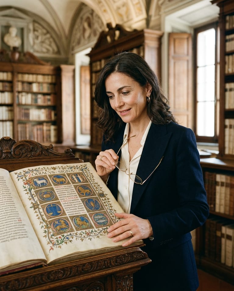 Helena Marchetti à la Bibliothèque Laurentienne de Florence, devant un manuscrit zodiacal enluminé du Quattrocento.