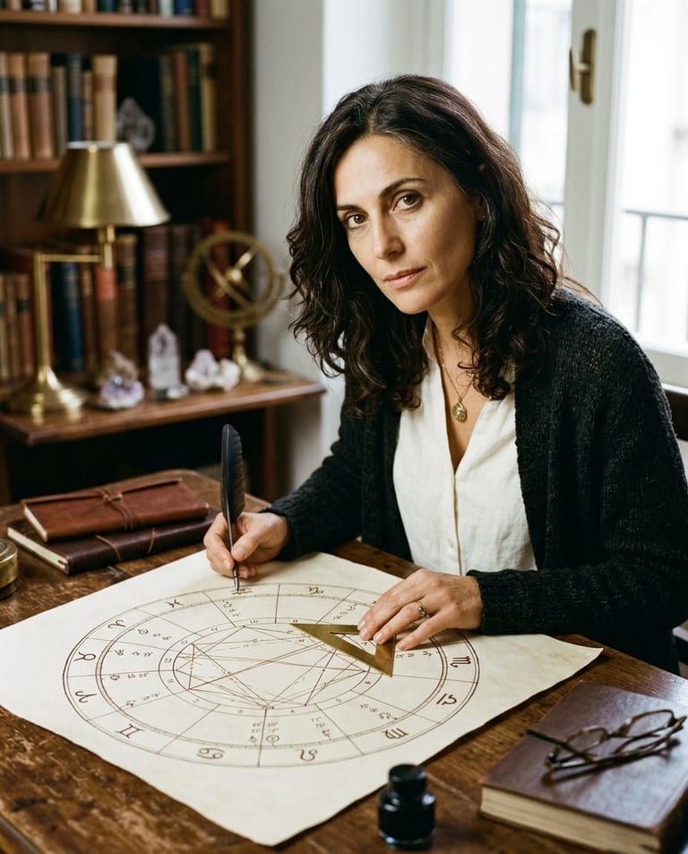 Helena Marchetti, astrologue italienne, traçant à la plume un thème astral sur parchemin avec compas et équerre dorés.