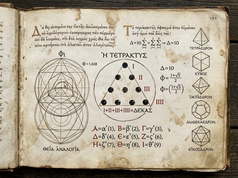 Manuscrit ancien du tableau de Pythagore avec la tétraktys et la correspondance lettres-chiffres