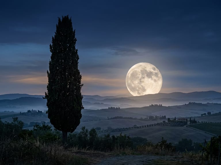 Pleine lune lumineuse au-dessus d'un cyprès toscan dans un ciel crépusculaire