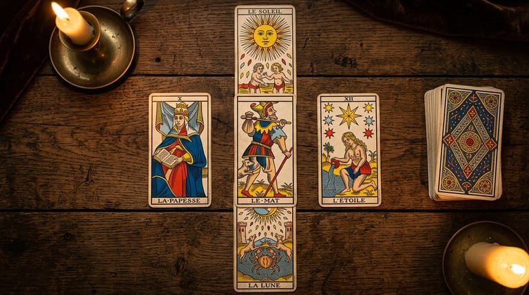 Cartes du Tarot de Marseille étalées en tirage, arcanes majeurs face visible sur table de bois sombre